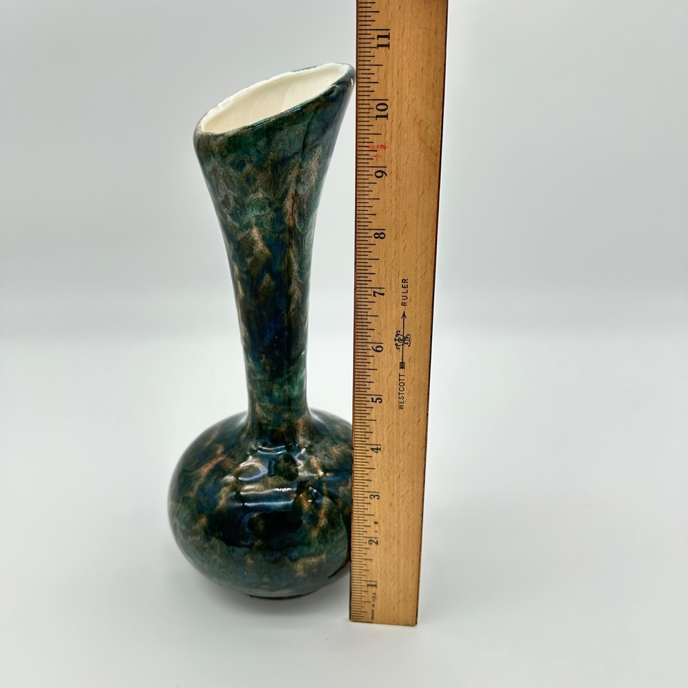 Blue Mountain Pottery Bud Vase 383 8.5" Teal Green Drip Glaze Slant Rim Vintage - Picture 4 of 16
